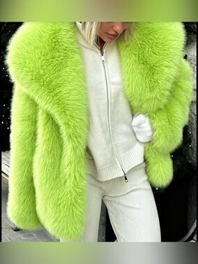 Luxurious Lime Faux Fur Coat - Women's Statement Jacket